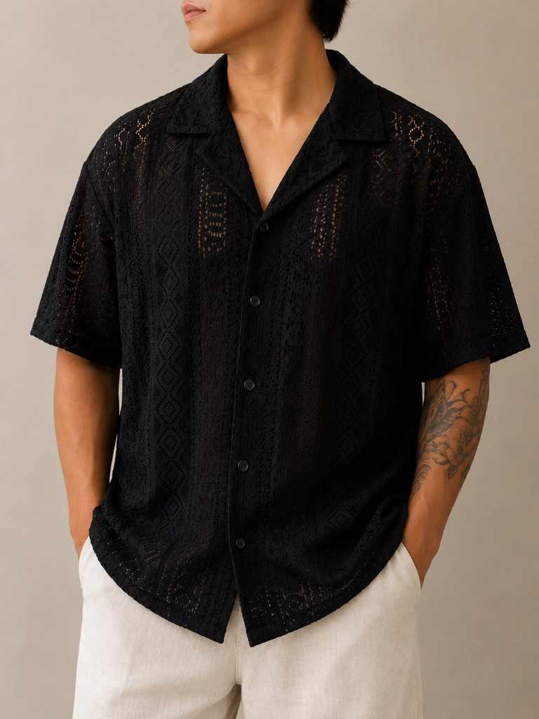 Hoooyi Black Geometric Lace Short Sleeve Button Down Shirt, Xxl